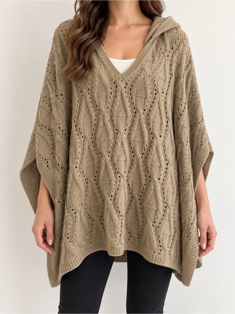 a.n.a Taupe Cable-Knit Hooded Poncho